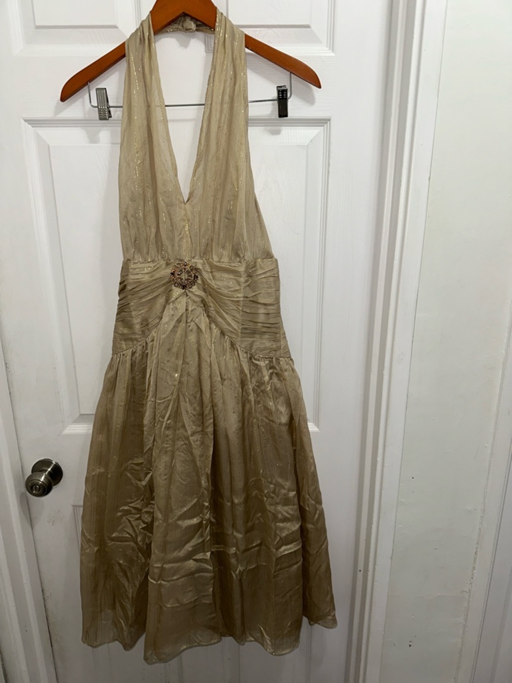 Maggy London Metallic Gold Halter Neckline Silk Blend Dress with Brooch